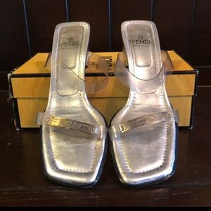 FENDI Vintage Clear Strap Silver Logo Emblem Sandal Size 7